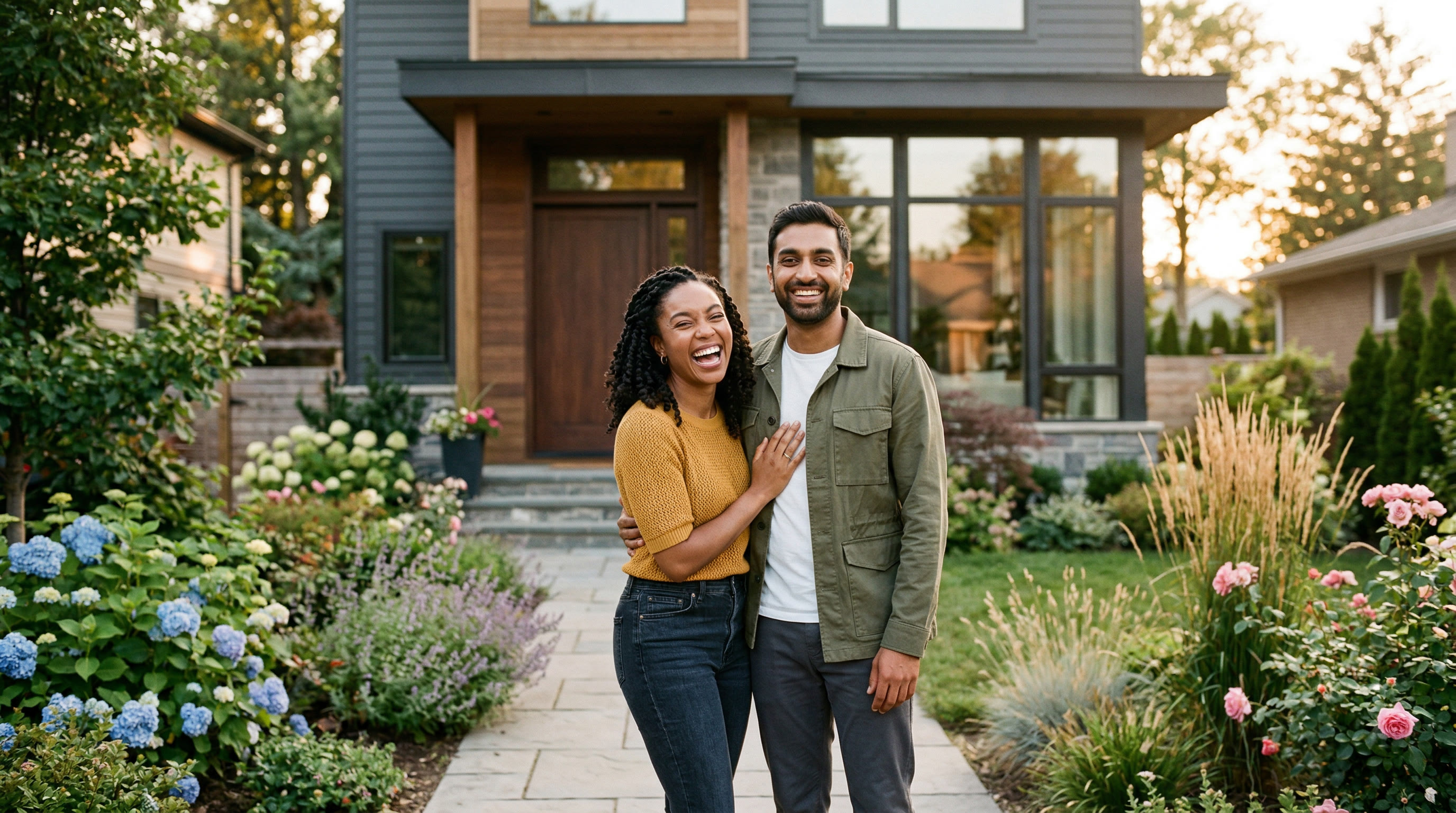 Happy couple in front of their new home